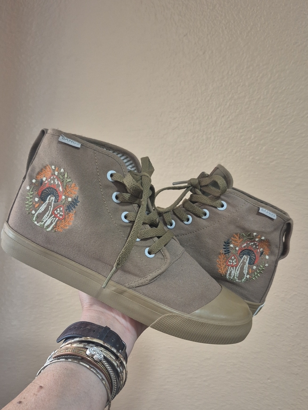 Canvas High-Top Sneakers with Mushroom Embroidery - Olive
